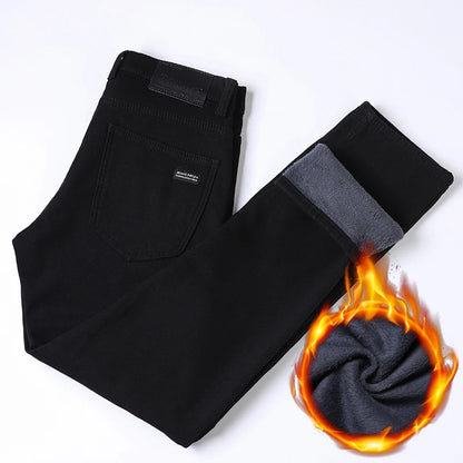 Winter Men Black Straight Stretch Denim Thick Velvet Pants