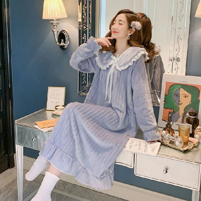 Womens Nightwear Nightdress Flannel Thickened Solid C