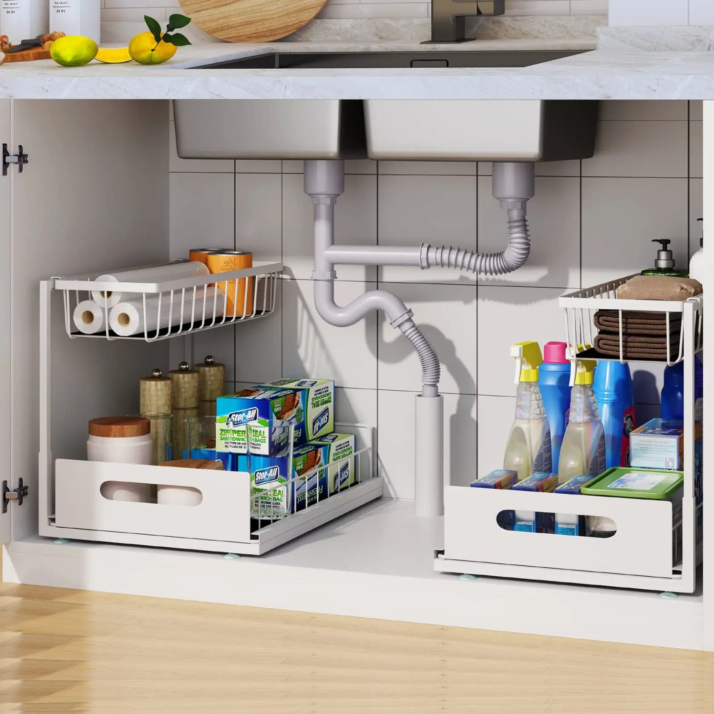 Under Sink 2 Tier Sliding Cabinet Basket Organizer Drawer
