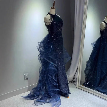 Elegant Sparking Navy Blue Evening Dresses Halt Beading Party