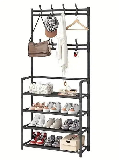 A clothes hanger and shoe rack at the entrance