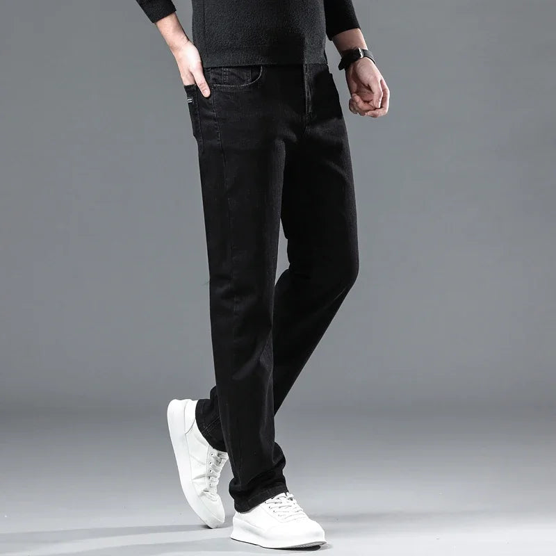 Winter Men Black Straight Stretch Denim Thick Velvet Pants