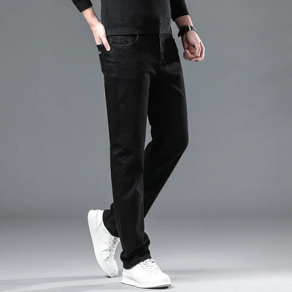 Winter Men Black Straight Stretch Denim Thick Velvet Pants