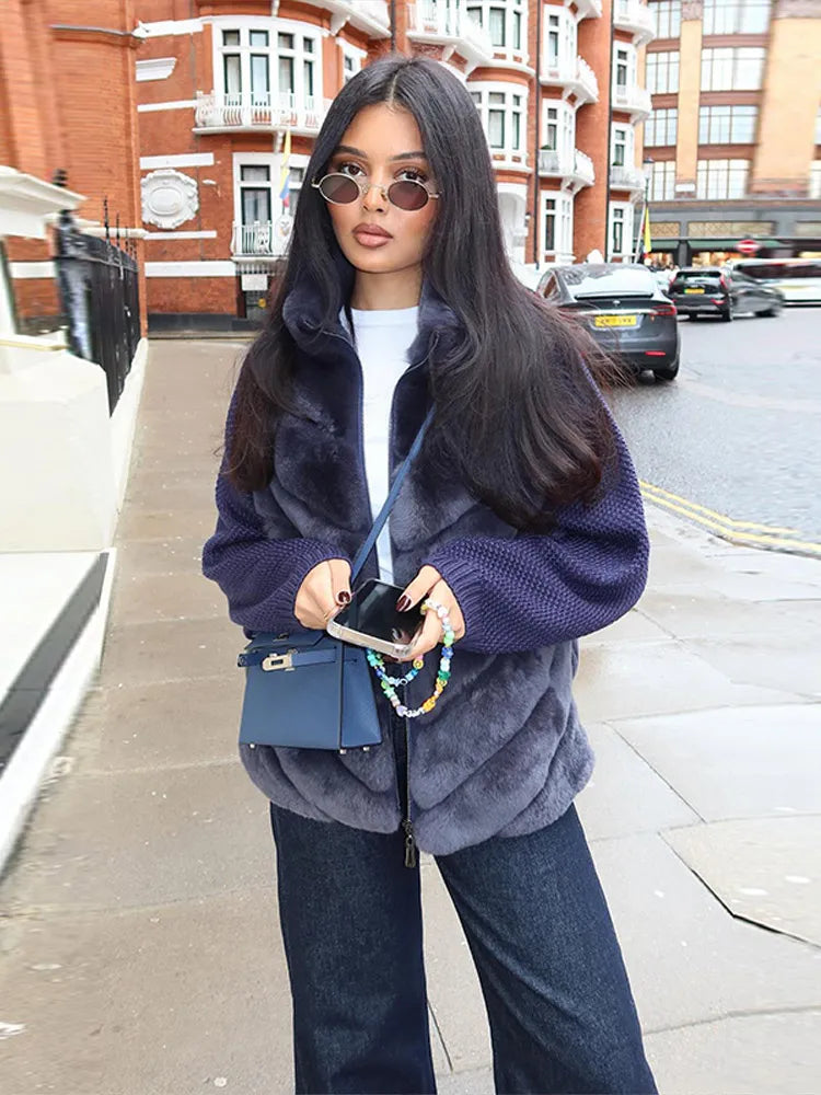 Street Women's Jacket Stand Collar Full Sleeve Faux