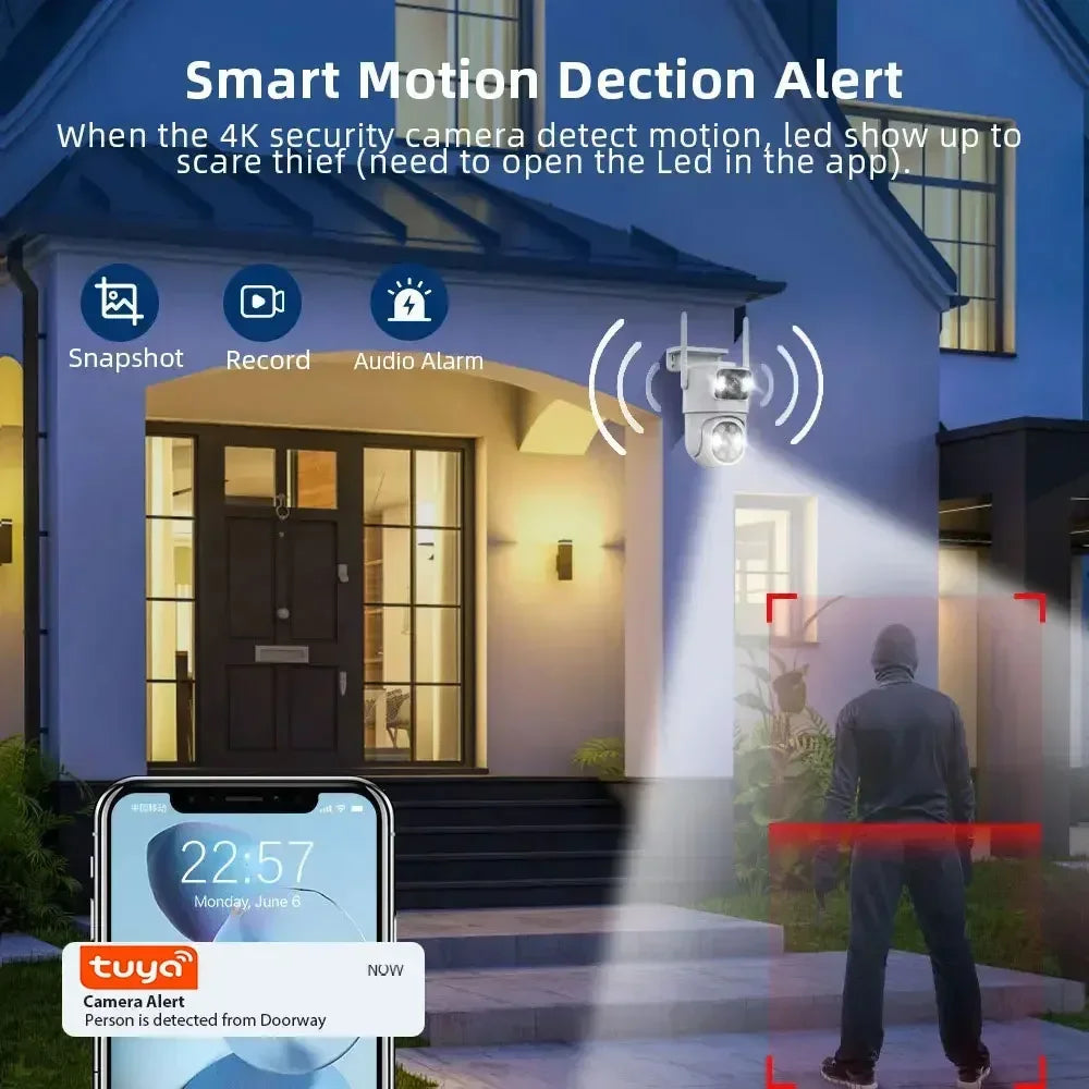 8MP Dual Lens 4K Wireless WiFi Security Camera PTZ Outdoor with AI Auto Tracking Two-Way Audio Support for Home Monitoring