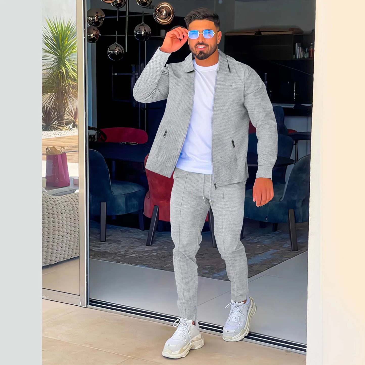 Zipper Pocket lapel Trendy Jacket + Trousers Men's sportswear Streetwear Set