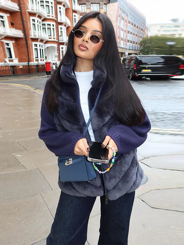 Street Women's Jacket Stand Collar Full Sleeve Faux