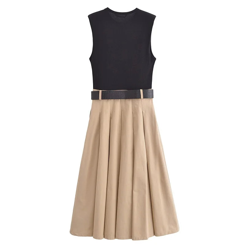 Woman Dresses Belt Pleated Midi Dress Women Sleeveless Summer Dress