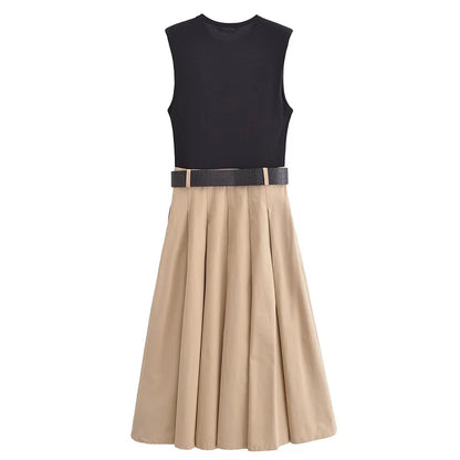 Woman Dresses Belt Pleated Midi Dress Women Sleeveless Summer Dress