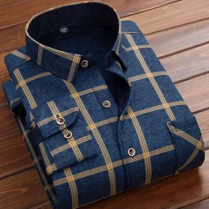 Warm Long Sleeve Plaid Shirts Flannel Fur Lined Thick Formal