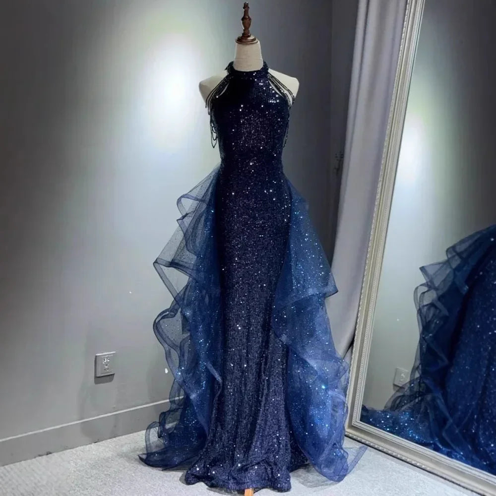 Elegant Sparking Navy Blue Evening Dresses Halt Beading Party
