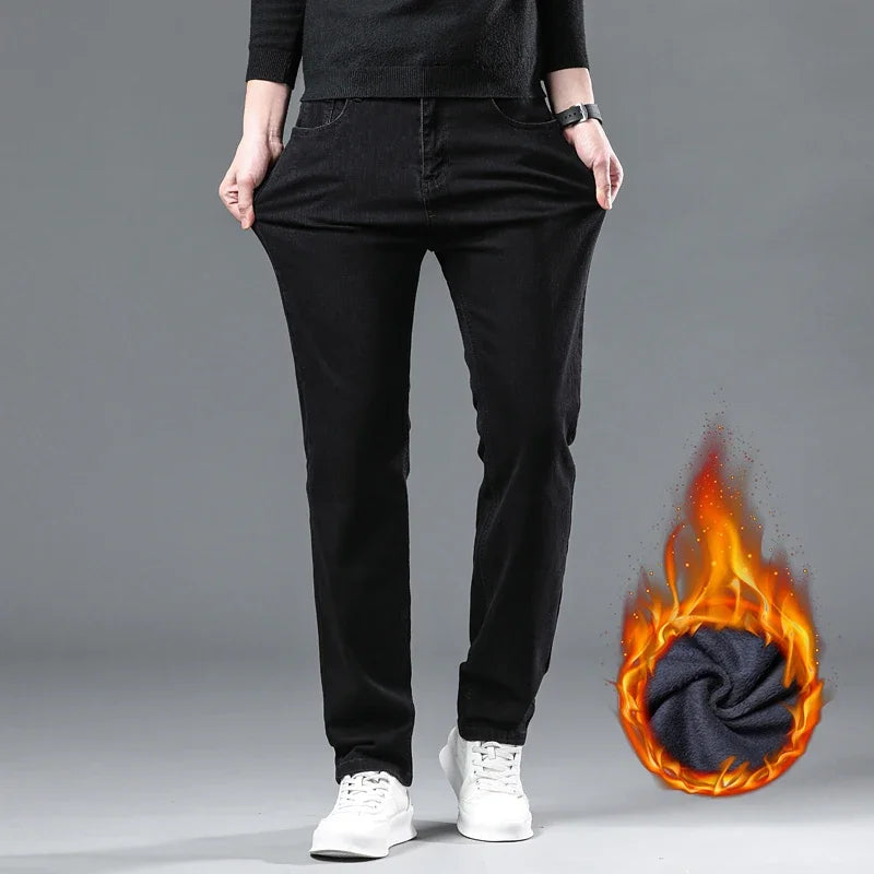 Winter Men Black Straight Stretch Denim Thick Velvet Pants