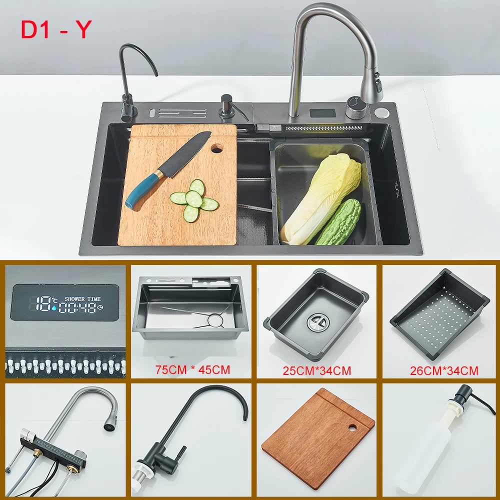 Multifunctional Kitchen Waterfall Sink Digital Display