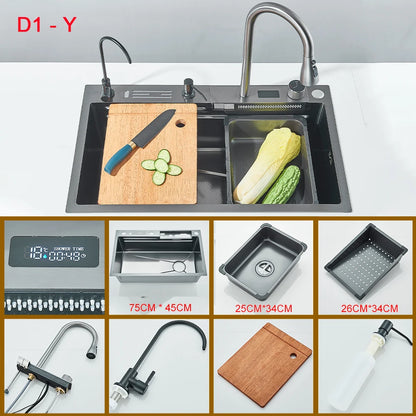 Multifunctional Kitchen Waterfall Sink Digital Display