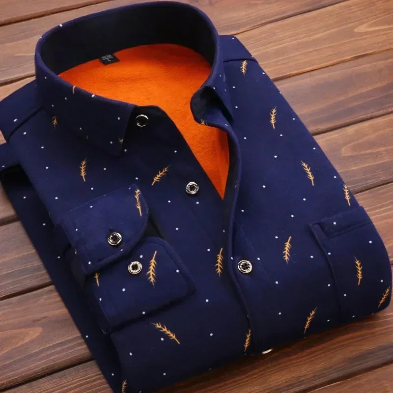 Warm Long Sleeve Plaid Shirts Flannel Fur Lined Thick Formal