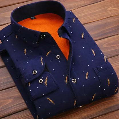 Warm Long Sleeve Plaid Shirts Flannel Fur Lined Thick Formal