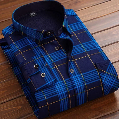 Warm Long Sleeve Plaid Shirts Flannel Fur Lined Thick Formal