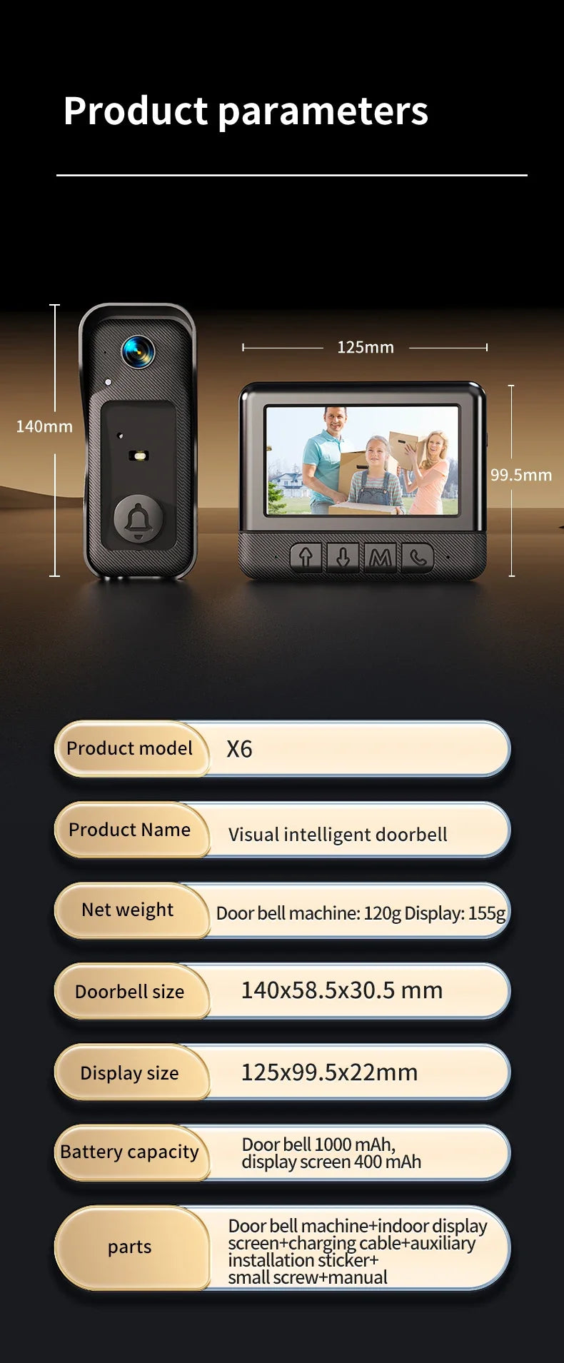 4.3'' IPS Screen Video Doorbell 2.4G Wireless Bell Night Vision