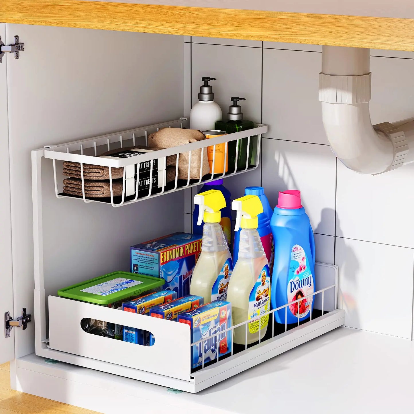 Under Sink 2 Tier Sliding Cabinet Basket Organizer Drawer