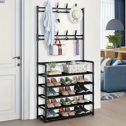 A clothes hanger and shoe rack at the entrance
