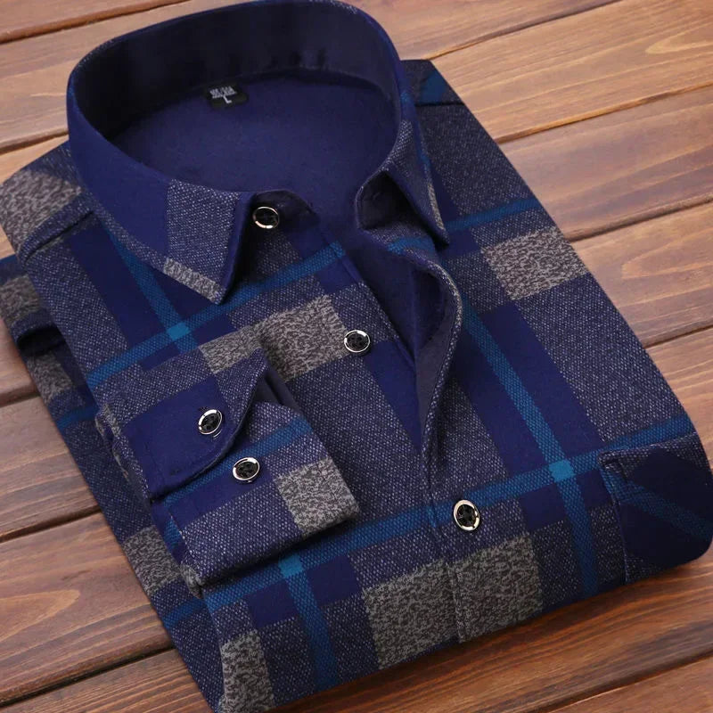 Warm Long Sleeve Plaid Shirts Flannel Fur Lined Thick Formal