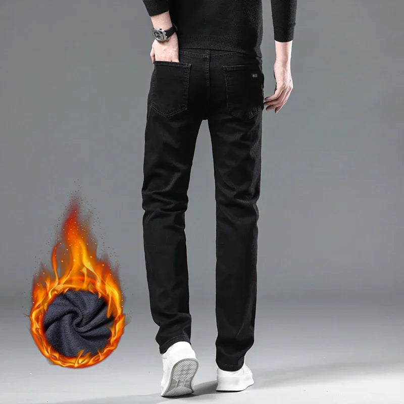 Winter Men Black Straight Stretch Denim Thick Velvet Pants